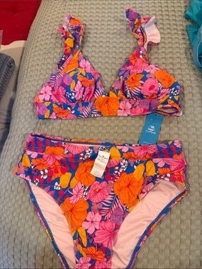 Cupshe Tropical Floral Ruffle Bikini - Pink, Orange & Blue